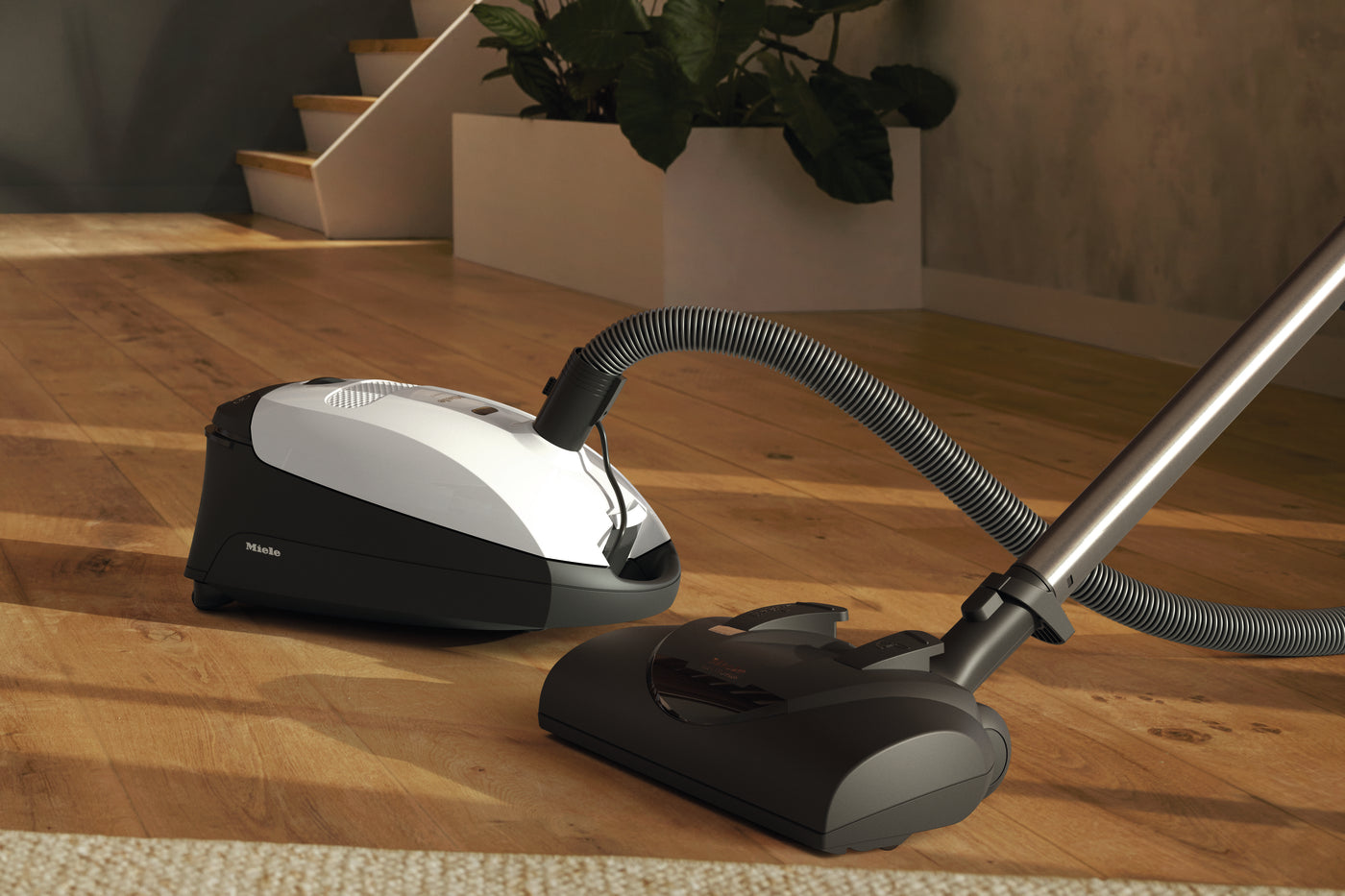 Miele Classic C1 Cat and Dog cleaning a wood floor.