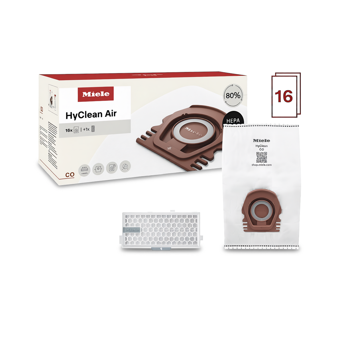 Miele CO Performance Pack with 16 HyClean Air bags and HEPA filter.