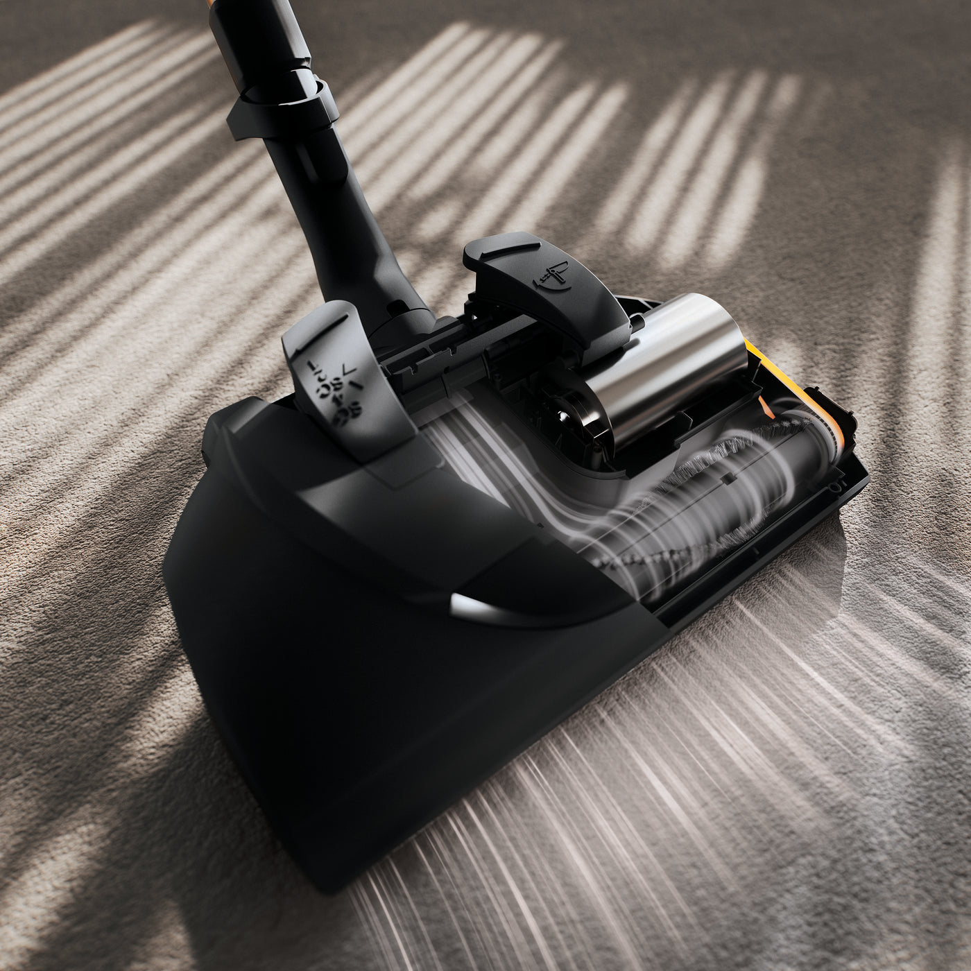 Cutaway of the Miele SEB 228 electro brush powerhead on carpet.