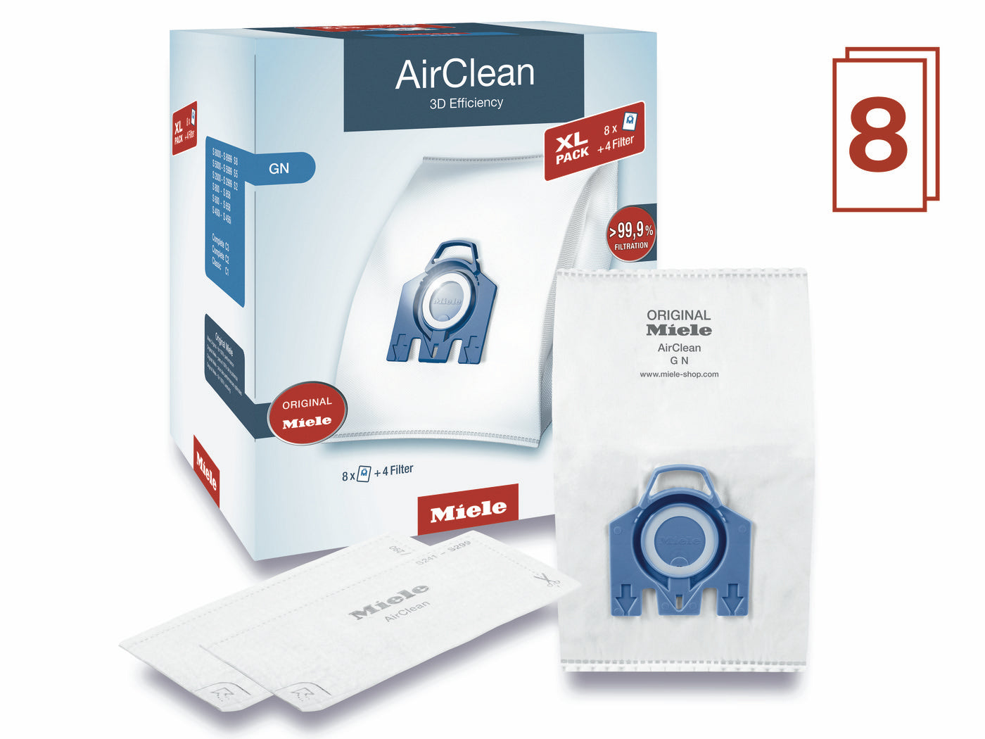 Miele AirClean 3D Efficiency GN dustbags, 8 pack with filters.