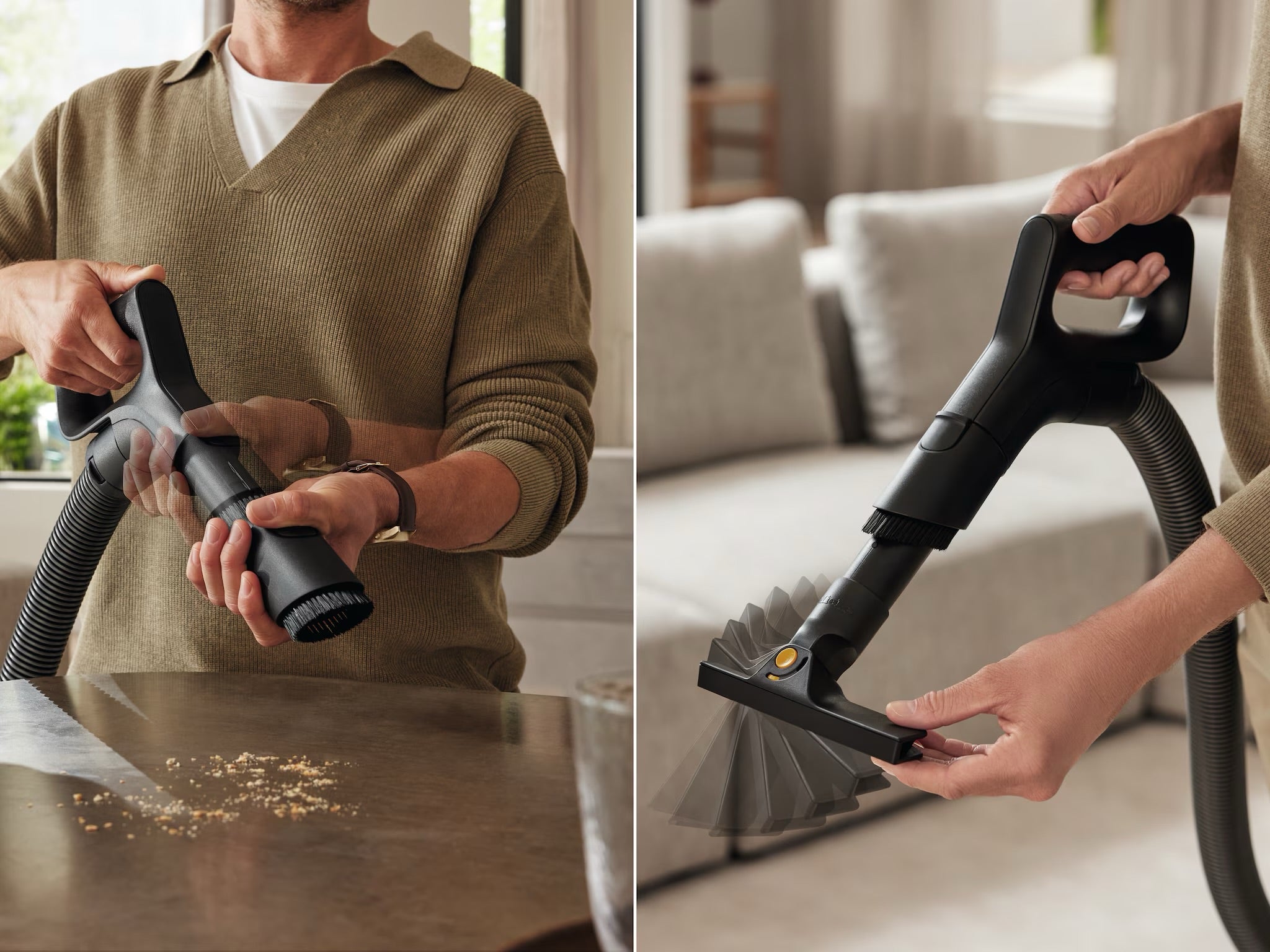 Miele Guard dusting brush and 2-in-1 crevice tool in use.