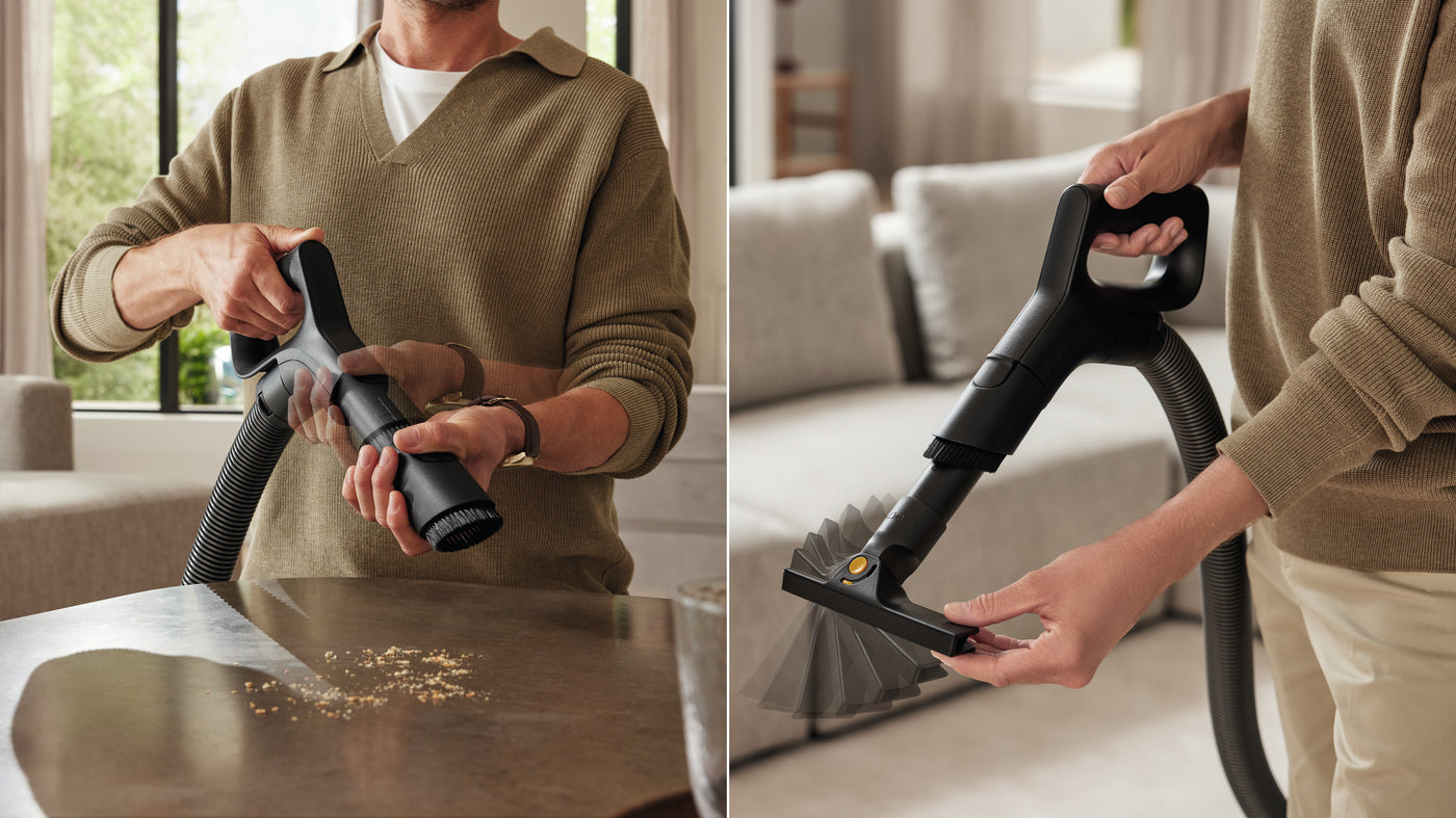 Miele Guard L1 integrated 2-in-1 upholstery and crevice nozzle in use.