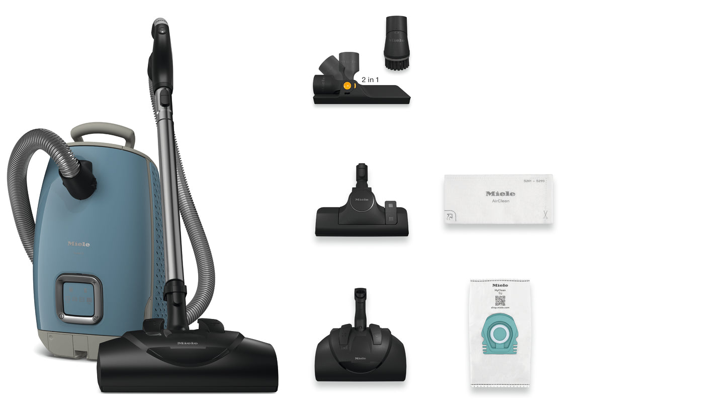 Miele Guard L1 in Nordic Blue with its included accessories.