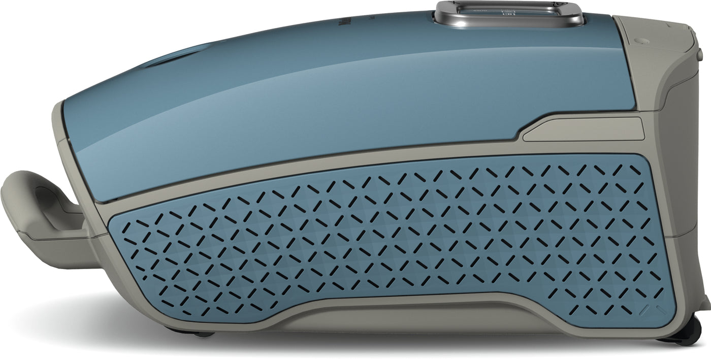 Miele Guard L1 canister in Nordic Blue, side view.