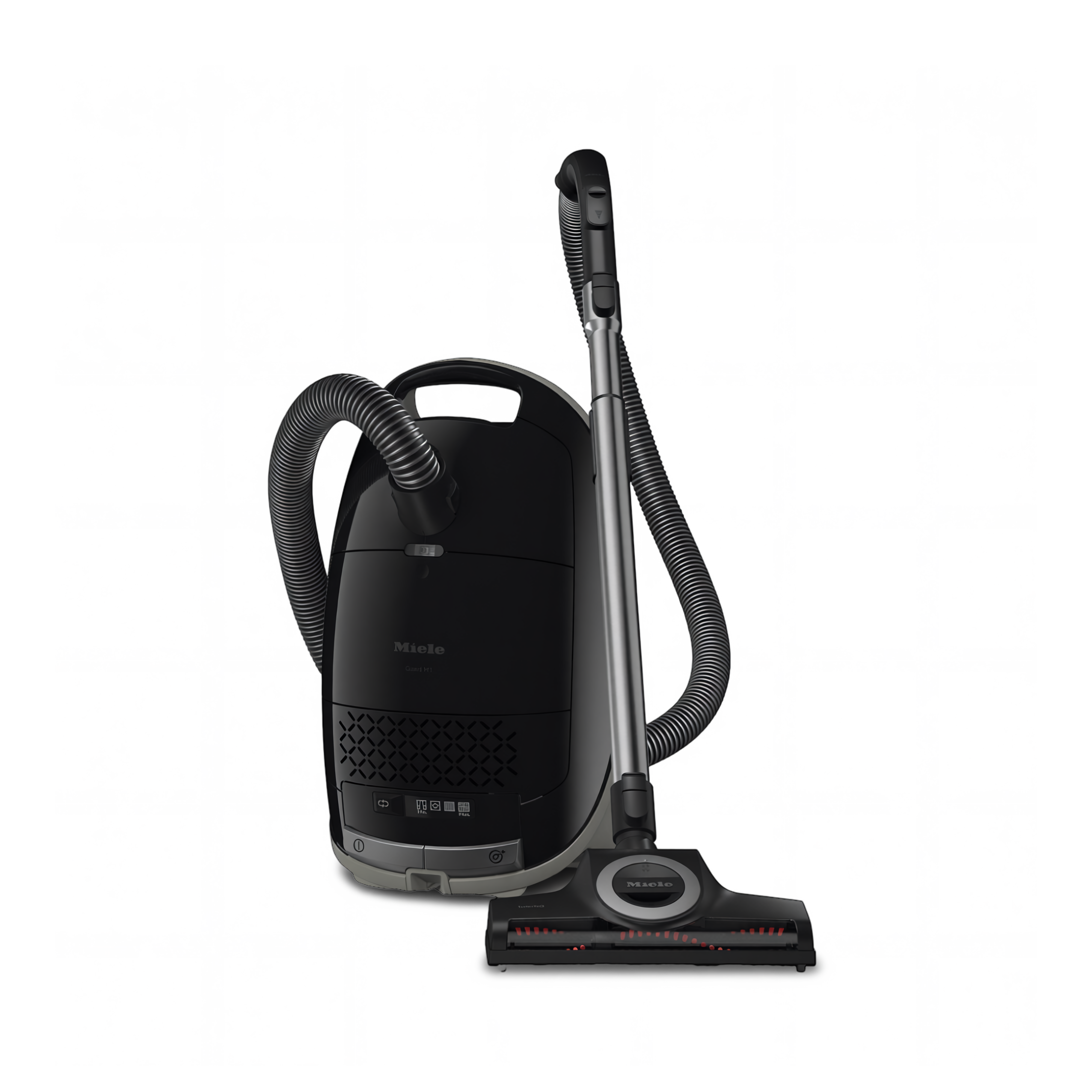 Black Miele Guard M1 Cat & Dog bagged canister vacuum with hose and floorhead attached, standing upright on a white background.