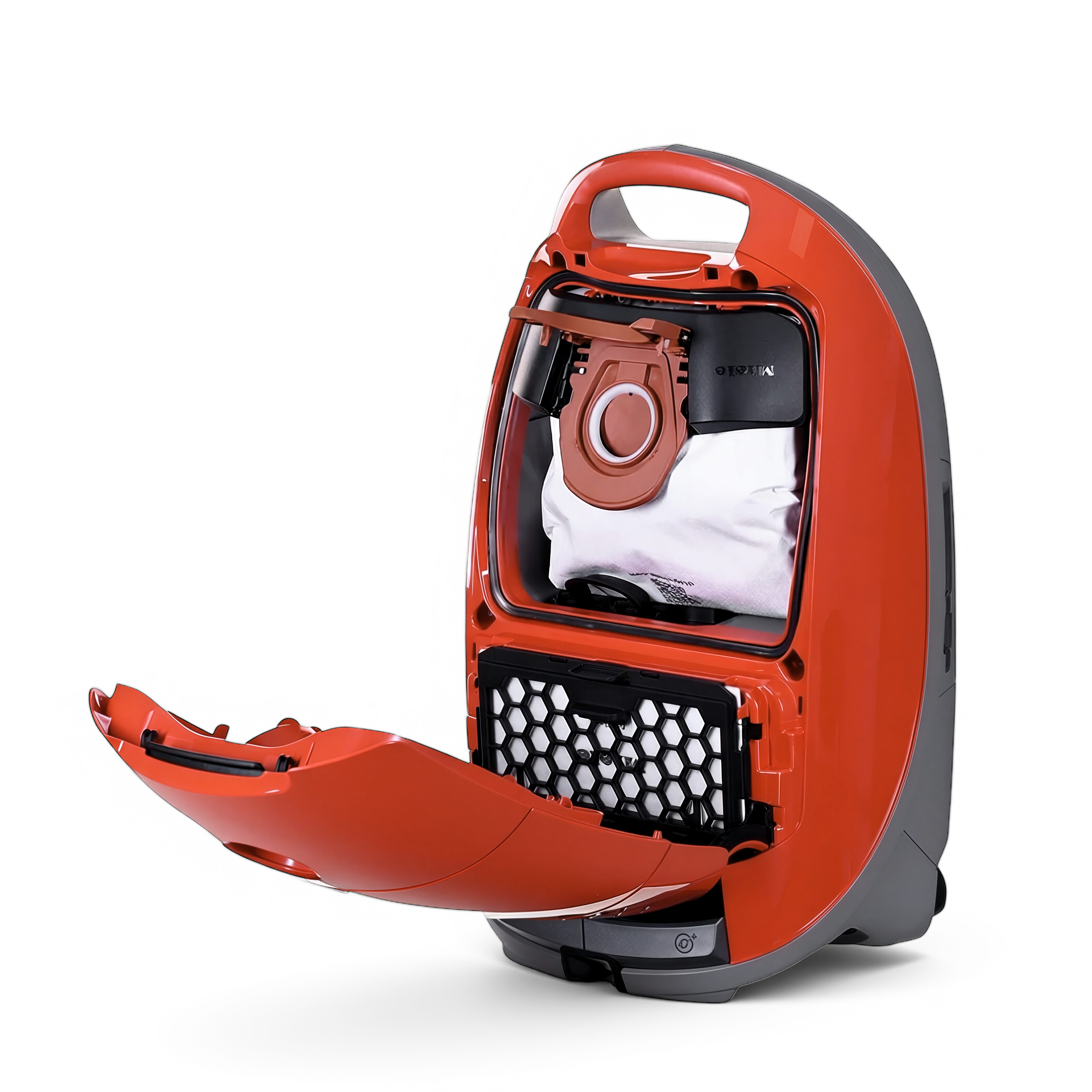 Miele Guard M1 in Terra Red with the bag compartment open.