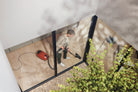 Person walking with the red Miele Guard M1 Terra Red canister vacuum on an outdoor patio.