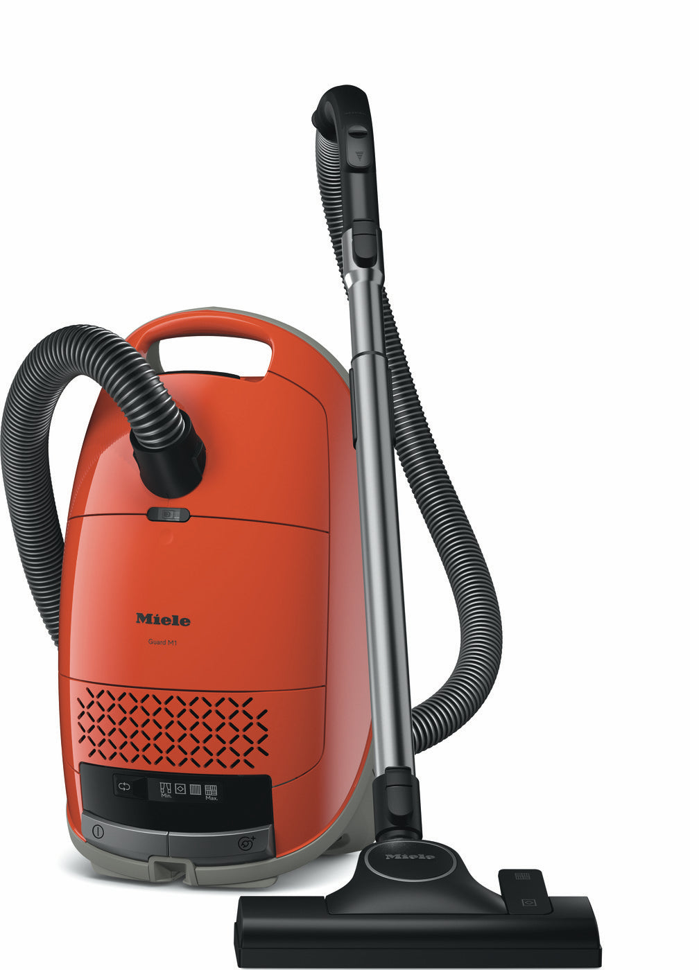 Red Miele Guard M1 Terra Red canister vacuum shown from the side with hose attached.