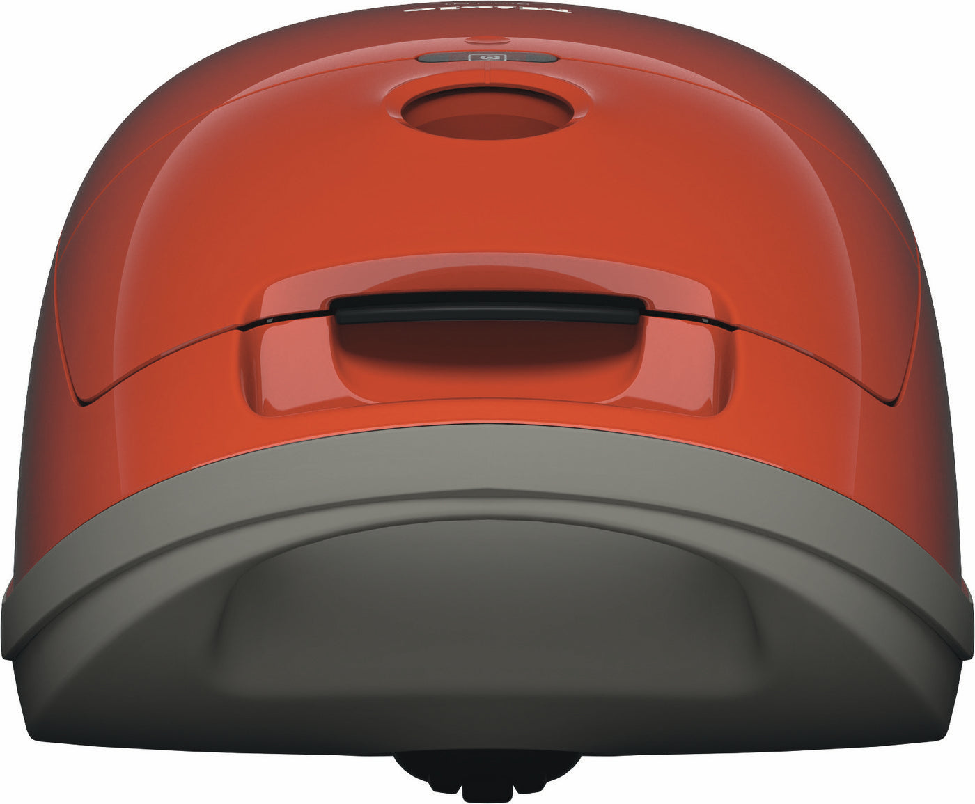 Close-up of the red Miele Guard M1 Terra Red canister vacuum's curved top.