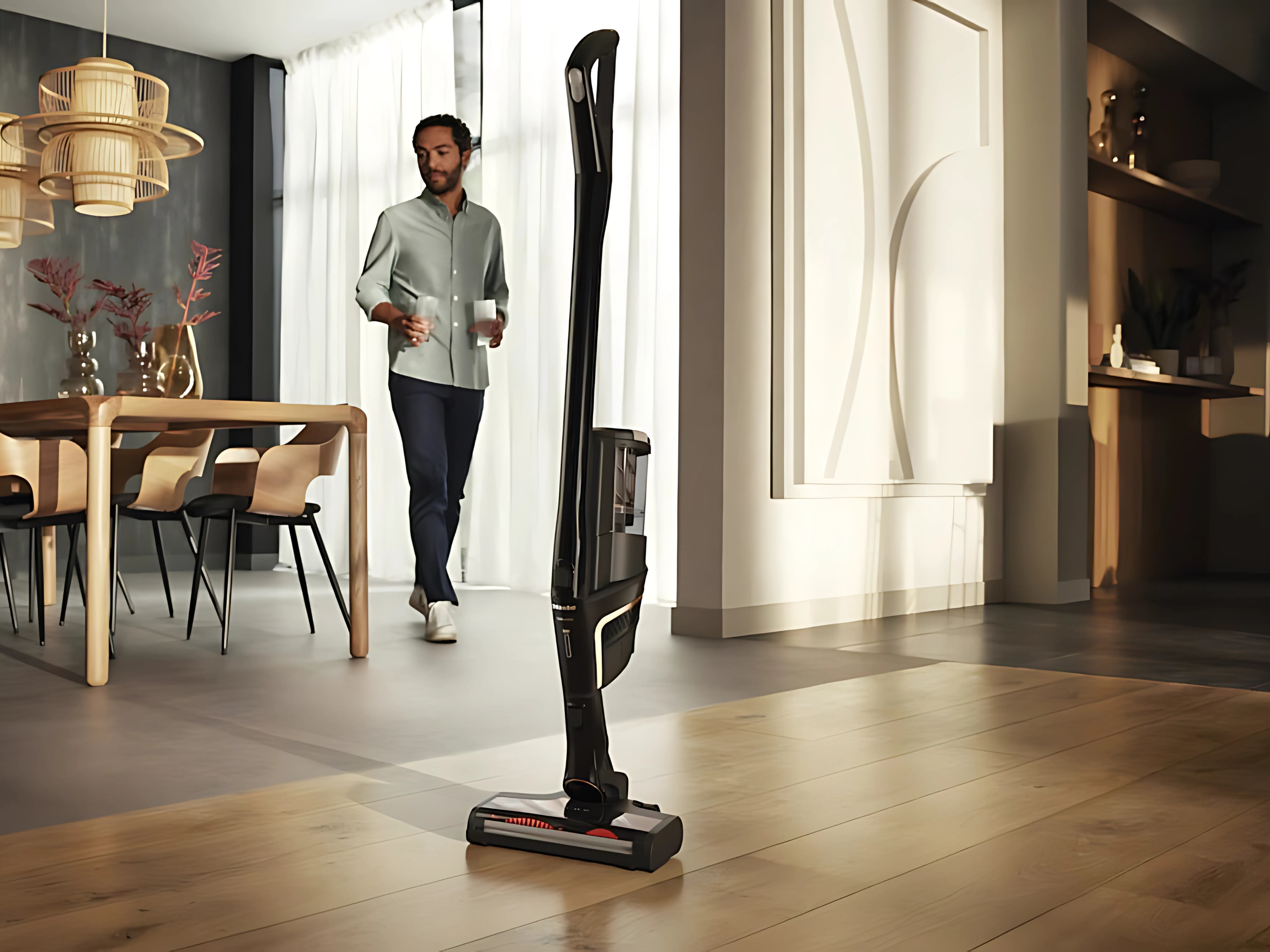 Miele Triflex HX2 Cat and Dog standing on its own in a dining room.