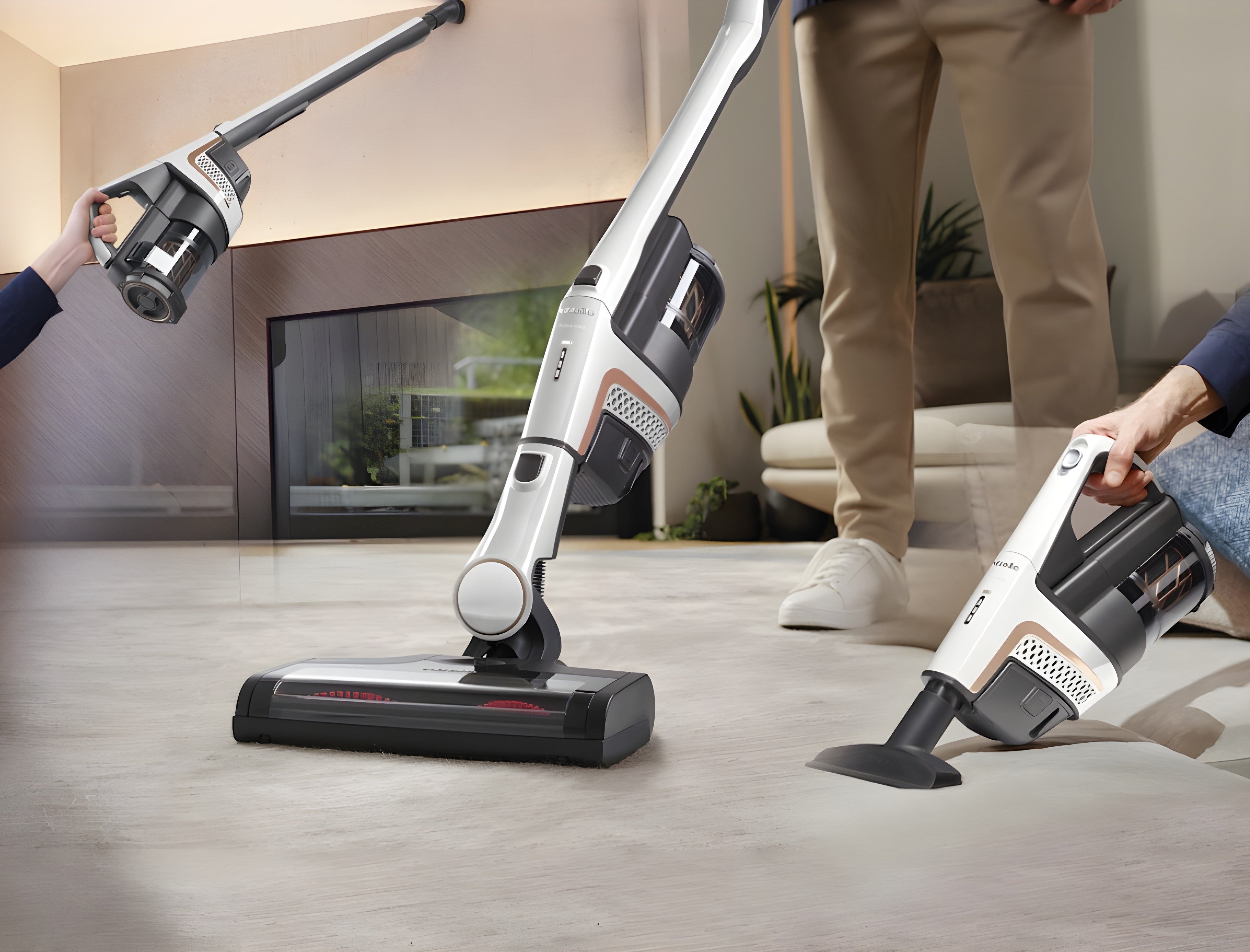 White Miele Triflex HX2 Flash cordless stick vacuum in handheld, reach, and normal mode