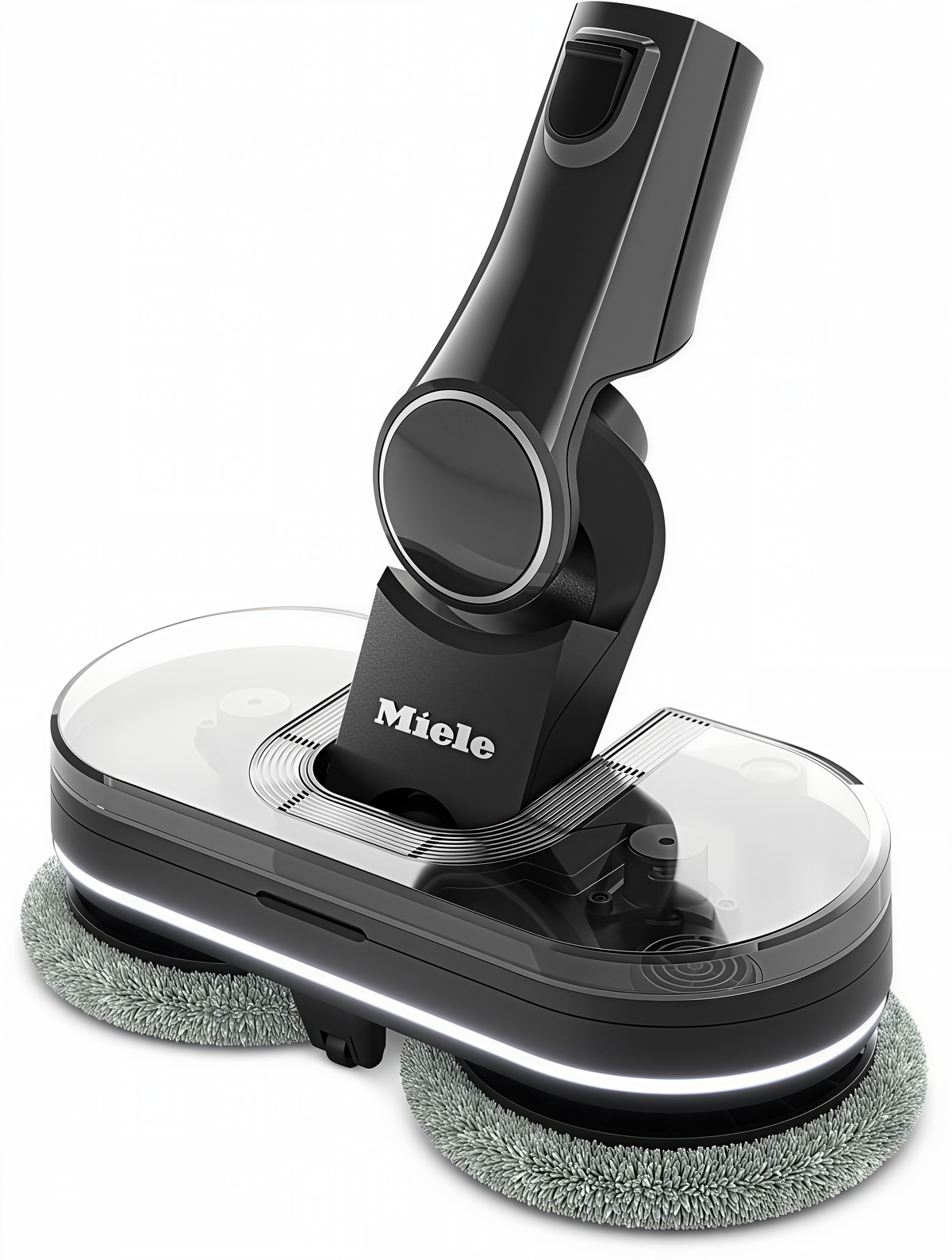 Close-up of the Miele AquaTwister wet-cleaning attachment with its two rotating microfiber pads and water tank.