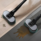 Miele AquaTwister wet-cleaning dried dirt from light wood flooring and a spill from dark tile.
