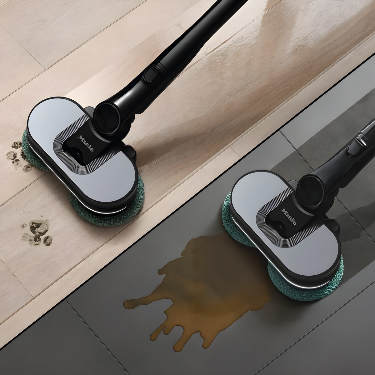 Miele AquaTwister wet-cleaning dried dirt from light wood flooring and a spill from dark tile.