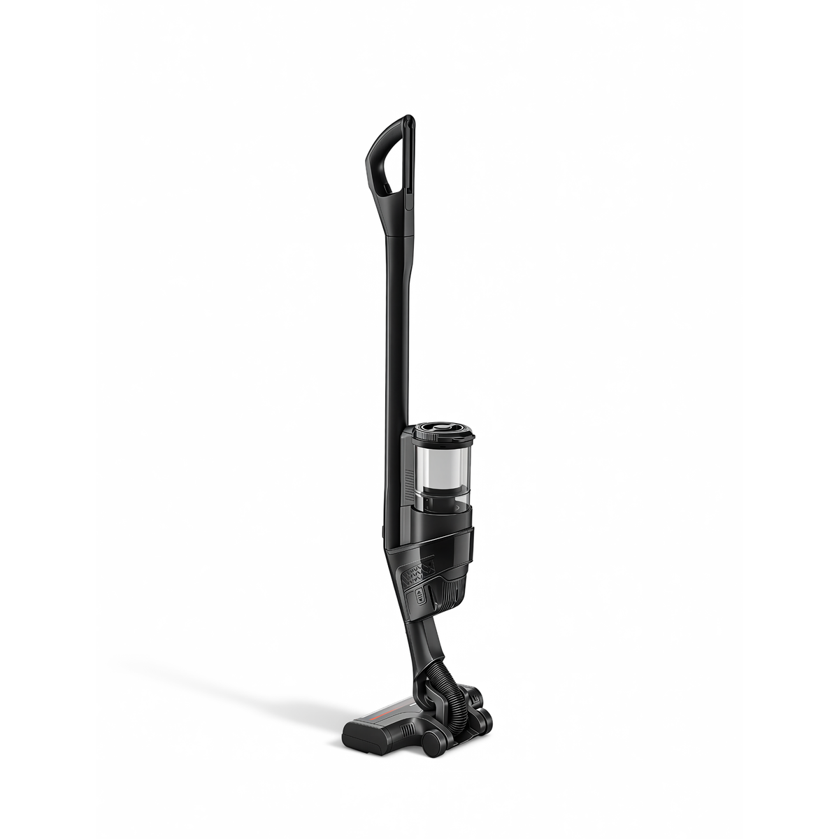 Side profile of the Miele Triflex HX3 Aqua cordless stick vacuum in Obsidian Black, showing the dust container and battery.
