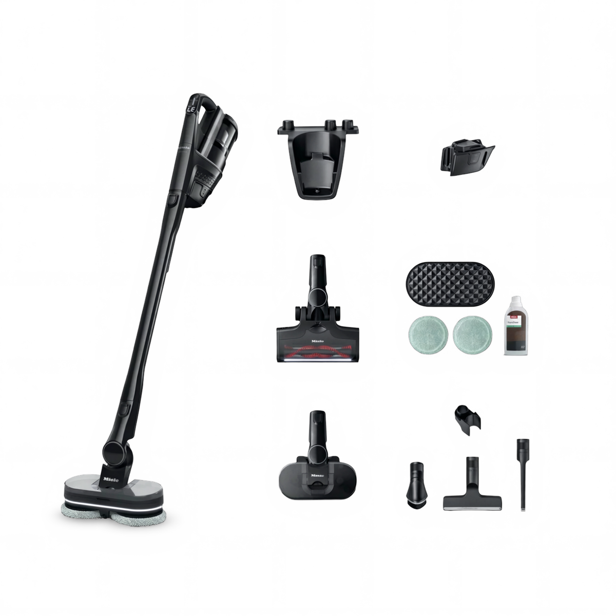 Everything included with the Miele Triflex HX3 Aqua: electrobrush, AquaTwister, AquaPads, cleaning solution, wall mount and tools.