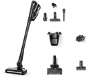 Miele Triflex HX3 Cat & Dog in Obsidian Black with its MultiFloor XXL electrobrush, Electro Compact pet brush, accessory holder and cleaning tools.