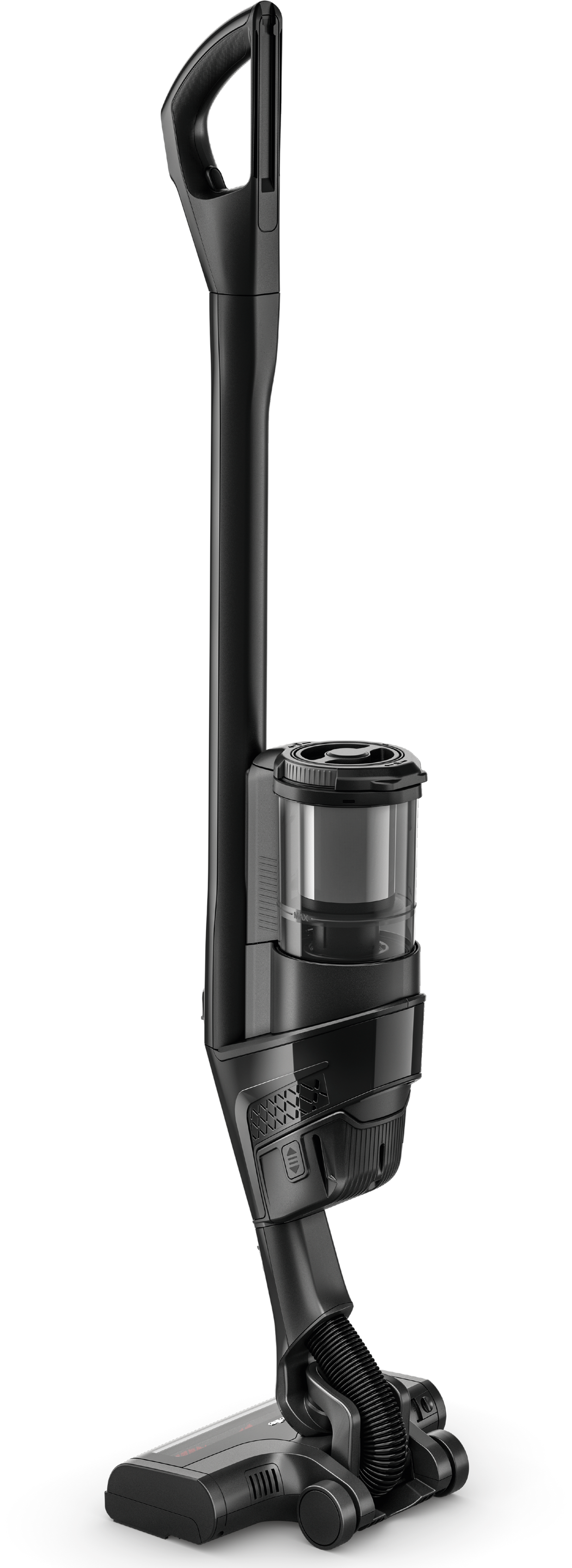 Full-length view of the Miele Triflex HX3 Cat & Dog cordless stick vacuum in Obsidian Black.