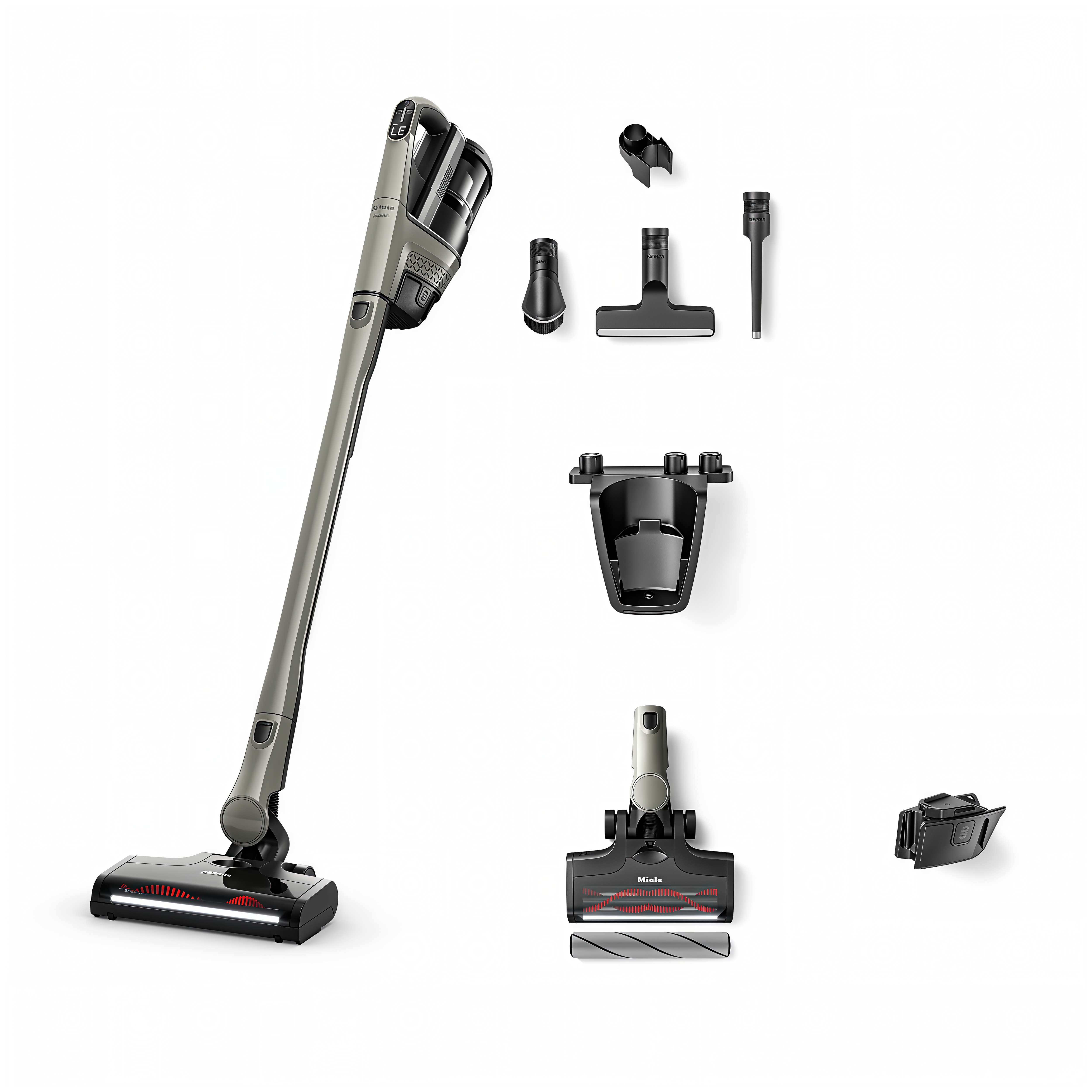 Everything included with the Miele Triflex HX3 Hardfloor in Casa Grey: MultiFloor XXL electrobrush with BrilliantLight, Hardfloor Care Tool soft roller, accessory holder, dusting brush, XL upholstery nozzle, crevice nozzle, wall mount and charger.