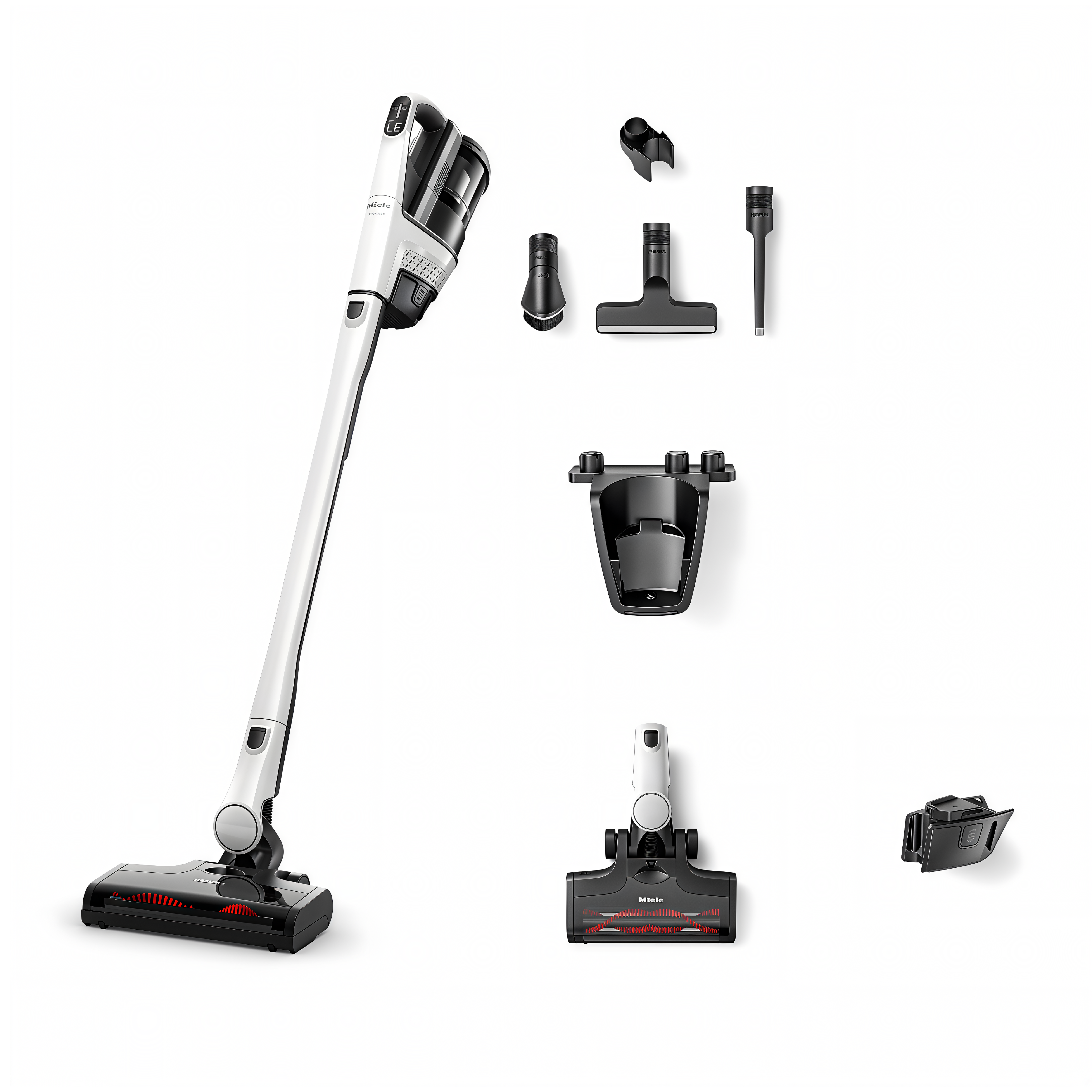 Everything included with the Miele Triflex HX3 in Brilliant White: MultiFloor XXL electrobrush, accessory holder, dusting brush, XL upholstery nozzle, crevice nozzle, wall mount and charger.