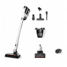 Everything included with the Miele Triflex HX3 in Brilliant White: MultiFloor XXL electrobrush, accessory holder, dusting brush, XL upholstery nozzle, crevice nozzle, wall mount and charger.