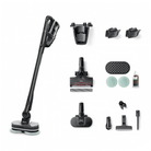 Everything included with the Miele Triflex HX3 Plus Aqua in Obsidian Black: MultiFloor XXL electrobrush with BrilliantLight, AquaTwister wet floorhead with two AquaPads, Miele FloorClean solution, Hardfloor Care Tool soft roller, a second lithium-ion battery, accessory holder, dusting brush, XL upholstery nozzle, crevice nozzle, wall mount and charger.