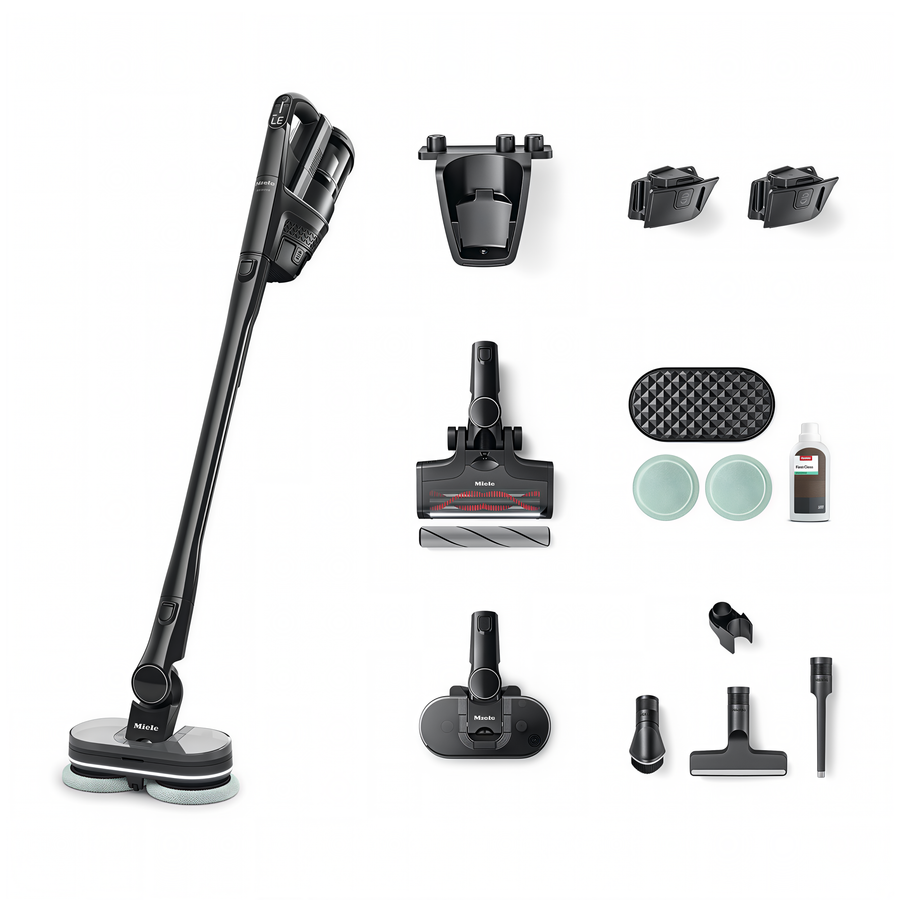 Everything included with the Miele Triflex HX3 Plus Aqua in Obsidian Black: MultiFloor XXL electrobrush with BrilliantLight, AquaTwister wet floorhead with two AquaPads, Miele FloorClean solution, Hardfloor Care Tool soft roller, a second lithium-ion battery, accessory holder, dusting brush, XL upholstery nozzle, crevice nozzle, wall mount and charger.