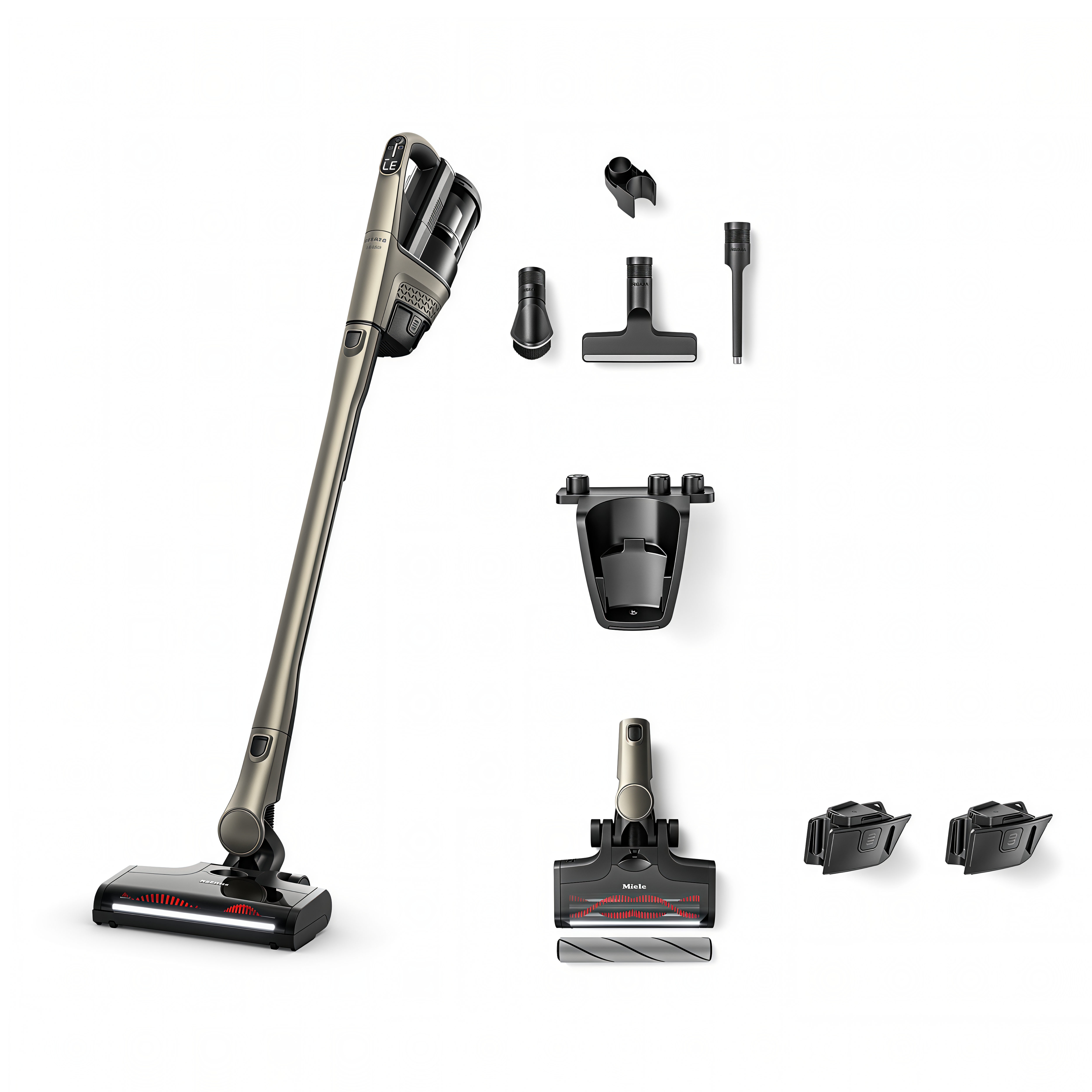 Everything included with the Miele Triflex HX3 Plus in Titanium Pearlfinish: MultiFloor XXL electrobrush with BrilliantLight, Hardfloor Care Tool soft roller, a second lithium-ion battery, accessory holder, dusting brush, XL upholstery nozzle, crevice nozzle, wall mount and charger.