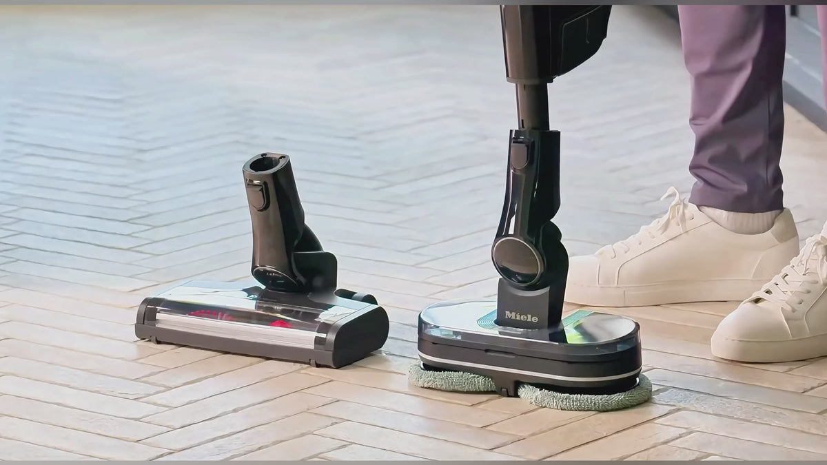 Video showing the Miele Triflex HX3 cordless stick vacuum powerhead and Aqua Twister floorhead
