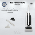 SEBO 300 Mechanical upright vacuum in dark gray with the three included onboard tools.