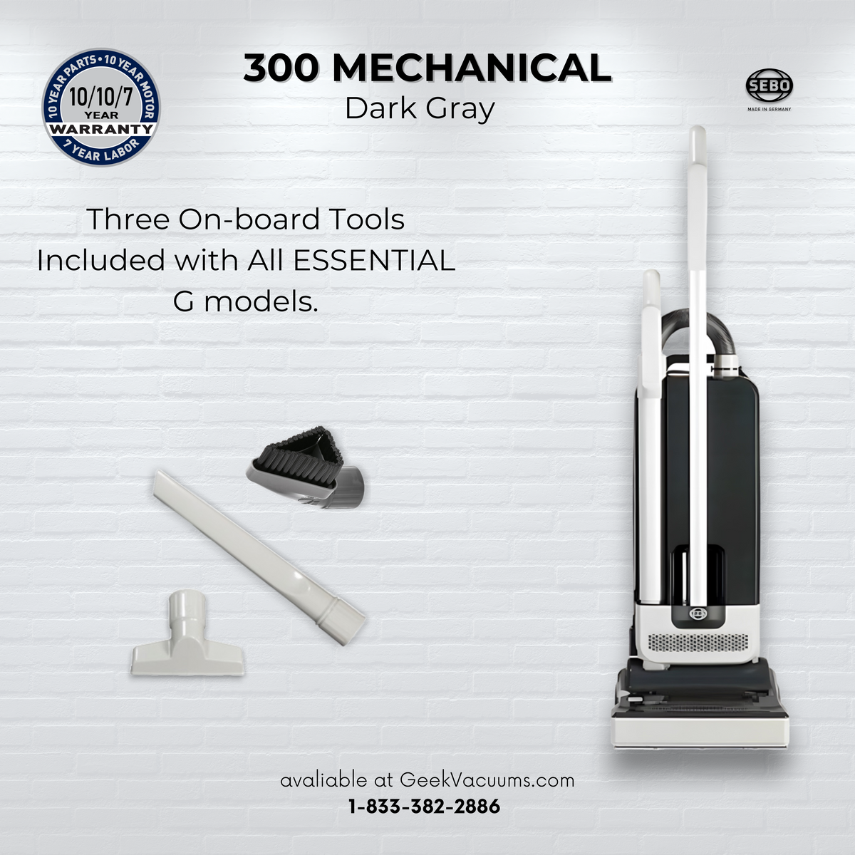 SEBO 300 Mechanical upright vacuum in dark gray with the three included onboard tools.