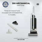 SEBO 350 Mechanical upright vacuum in dark gray with the three included onboard tools.