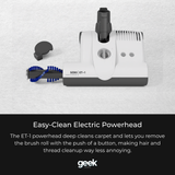 SEBO ET-1 powerhead with push-button brush roll removal for easy hair, thread, and debris cleanup.