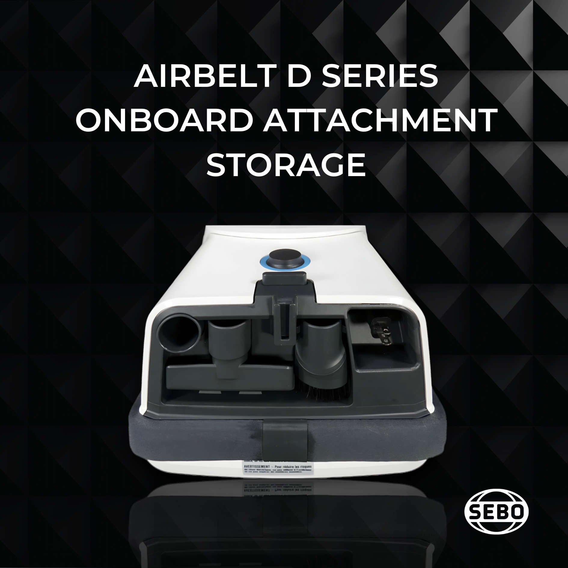 Infographic showing onboard attachment storage on the SEBO Airbelt D Series canister vacuum.