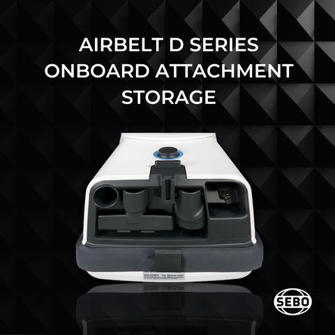 Infographic showing onboard attachment storage on the SEBO Airbelt D Series canister vacuum.