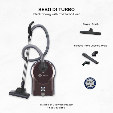 SEBO D1 Turbo in Black Cherry with turbo head, parquet brush and onboard tools.