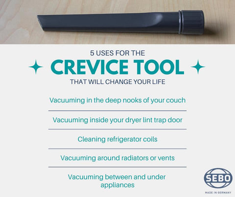 Infographic listing five uses for the SEBO crevice tool included with the Airbelt D1 Turbo canister vacuum.