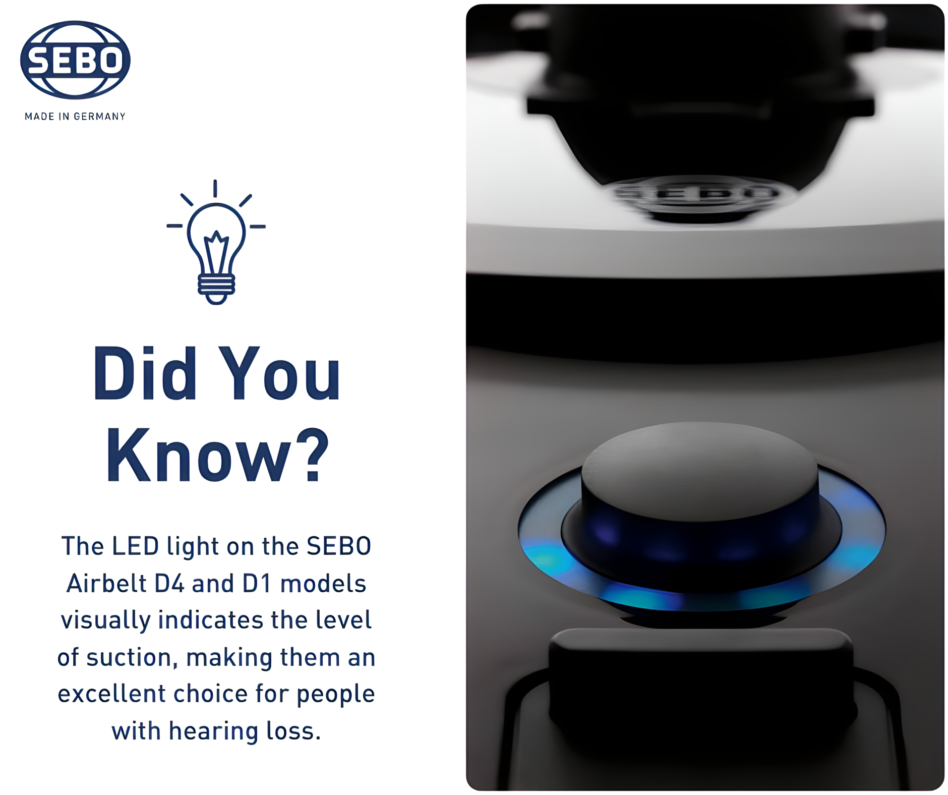 Infographic explaining the SEBO Airbelt D1 Turbo's LED suction indicator light and how it signals bag fullness and airflow.