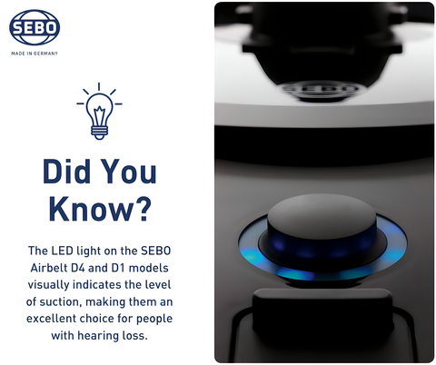 Infographic explaining the SEBO Airbelt D1 Turbo's LED suction indicator light and how it signals bag fullness and airflow.