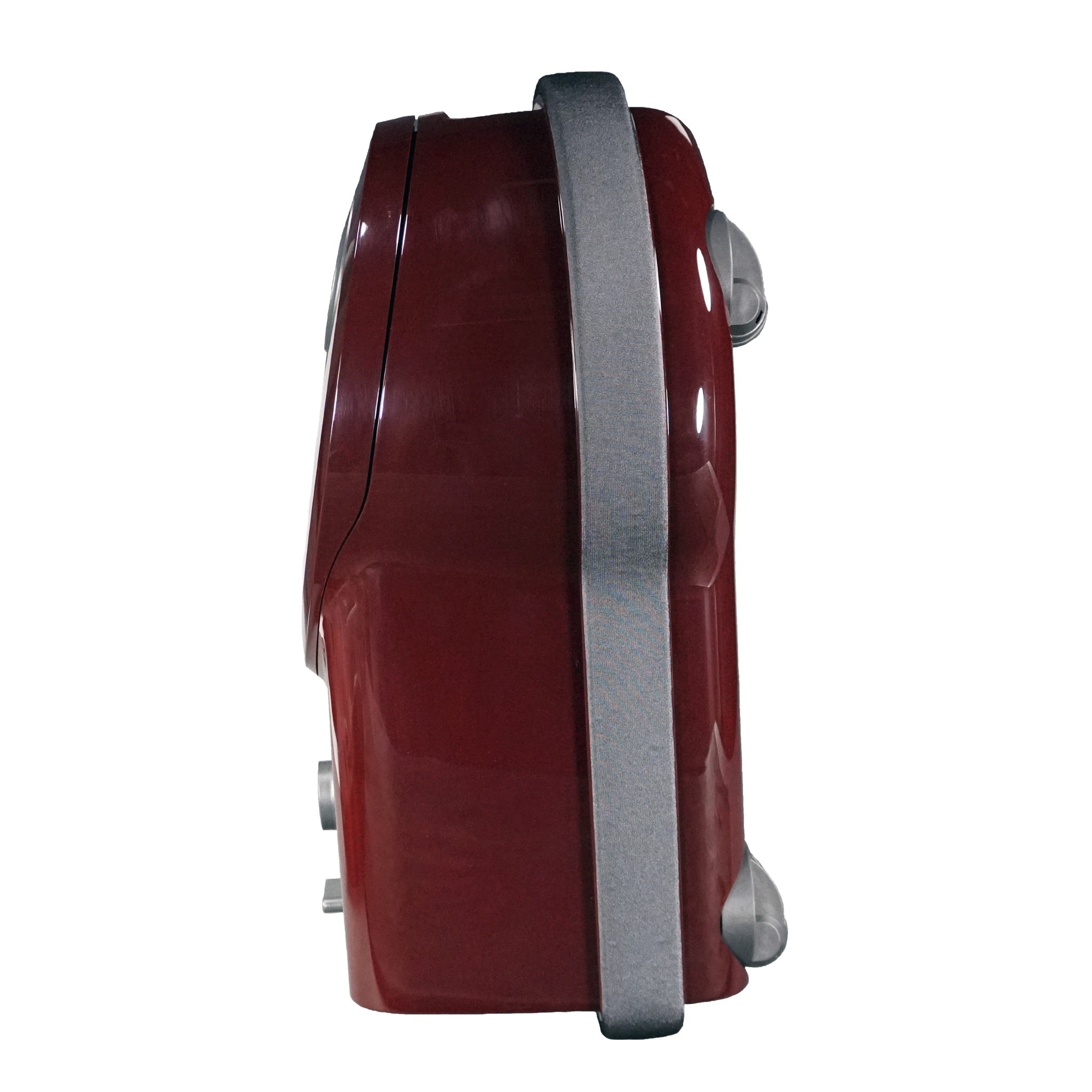 Close-up of the black cherry SEBO Airbelt D1 Turbo canister vacuum's rear edge and bumper.