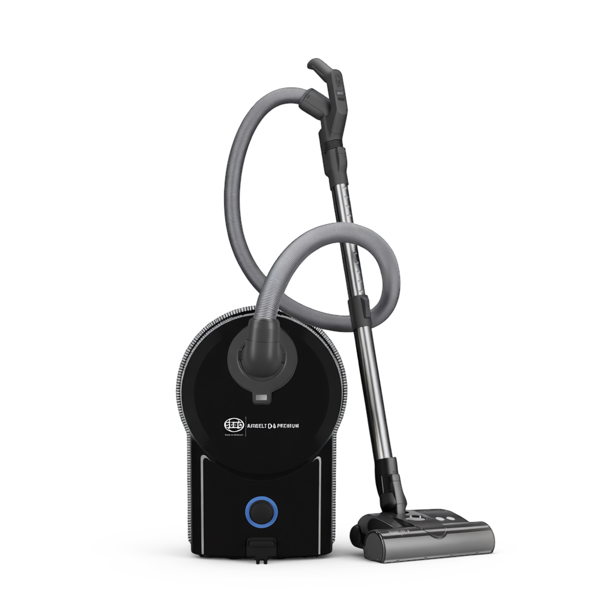 SEBO Airbelt D4 Premium in Onyx standing upright with hose and wand.