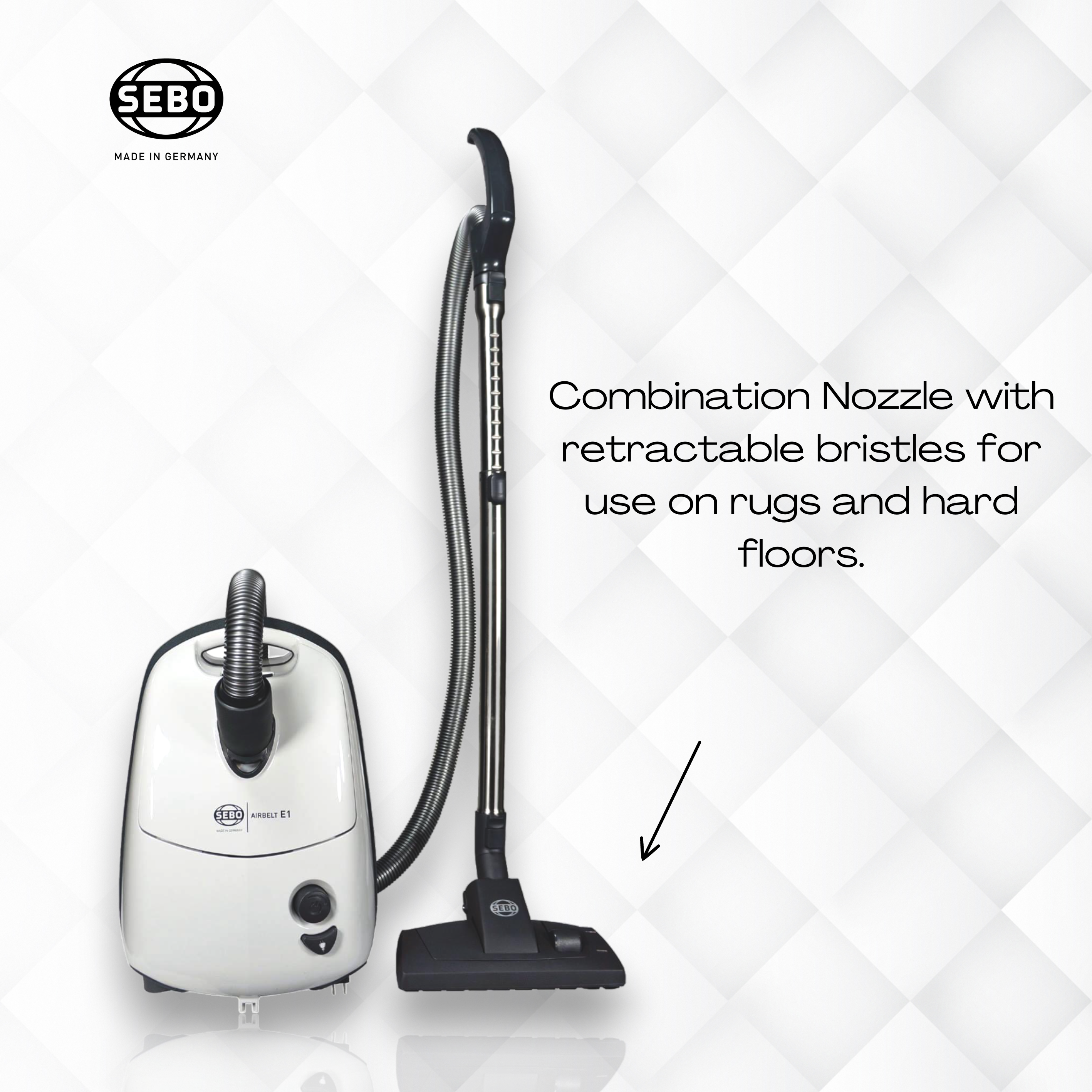 SEBO Airbelt E1 Kombi with combination nozzle for rugs and hard floors.