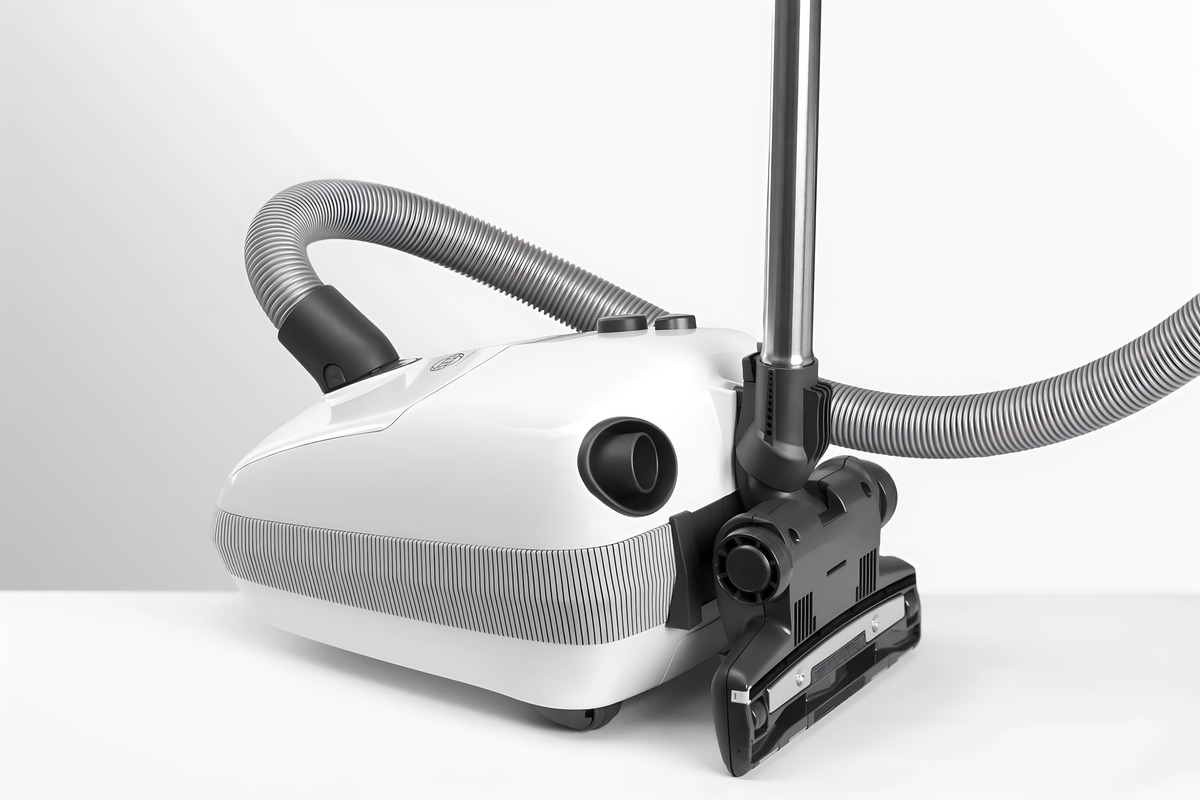 White SEBO Airbelt E1 Kombi canister vacuum with the wand parked.