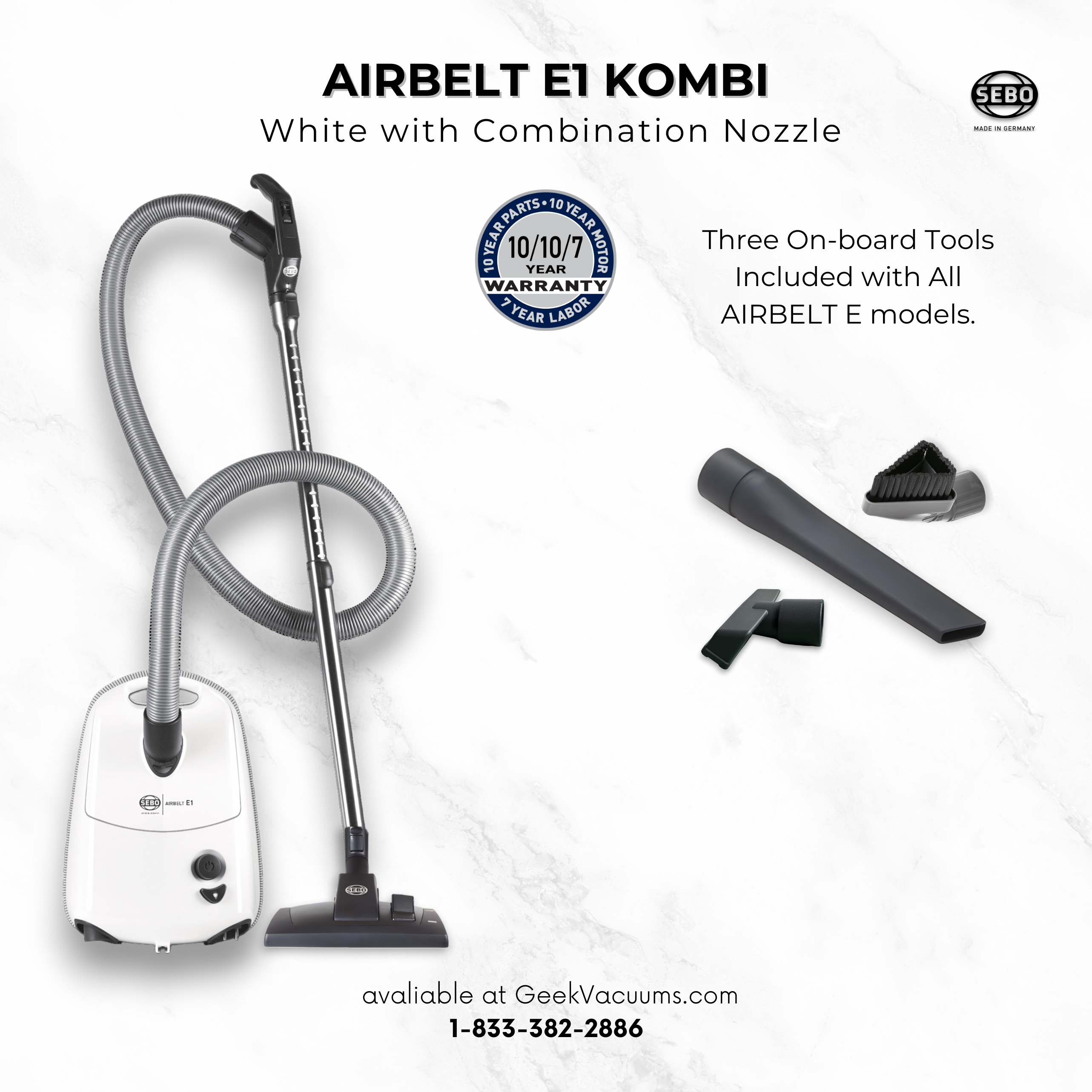 SEBO Airbelt E1 Kombi canister vacuum specifications and included accessories infographic.