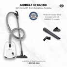 SEBO Airbelt E1 Kombi canister vacuum specifications and included accessories infographic.