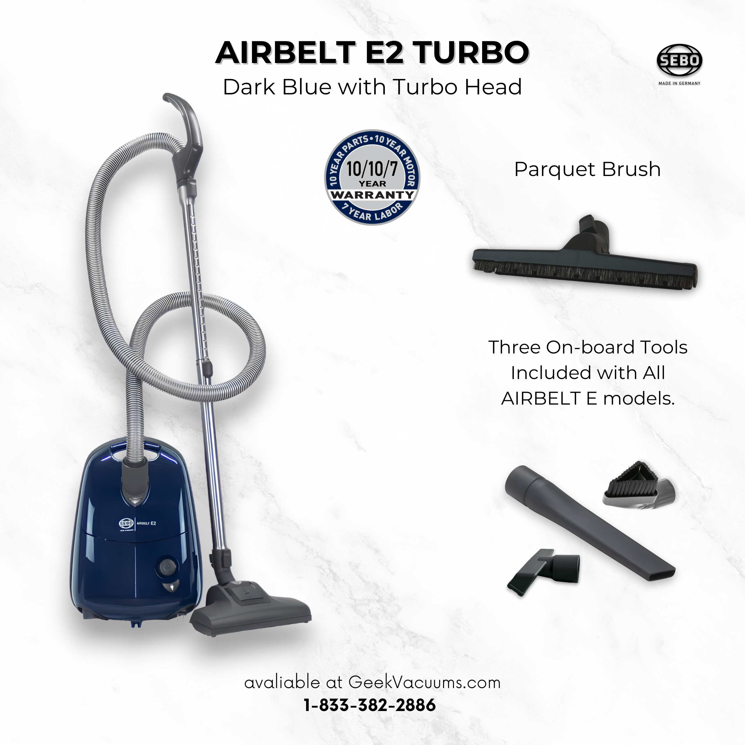 SEBO Airbelt E2 Turbo canister vacuum in dark blue with the included turbo head and parquet brush attachments.