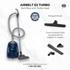 SEBO Airbelt E2 Turbo canister vacuum in dark blue with the included turbo head and parquet brush attachments.
