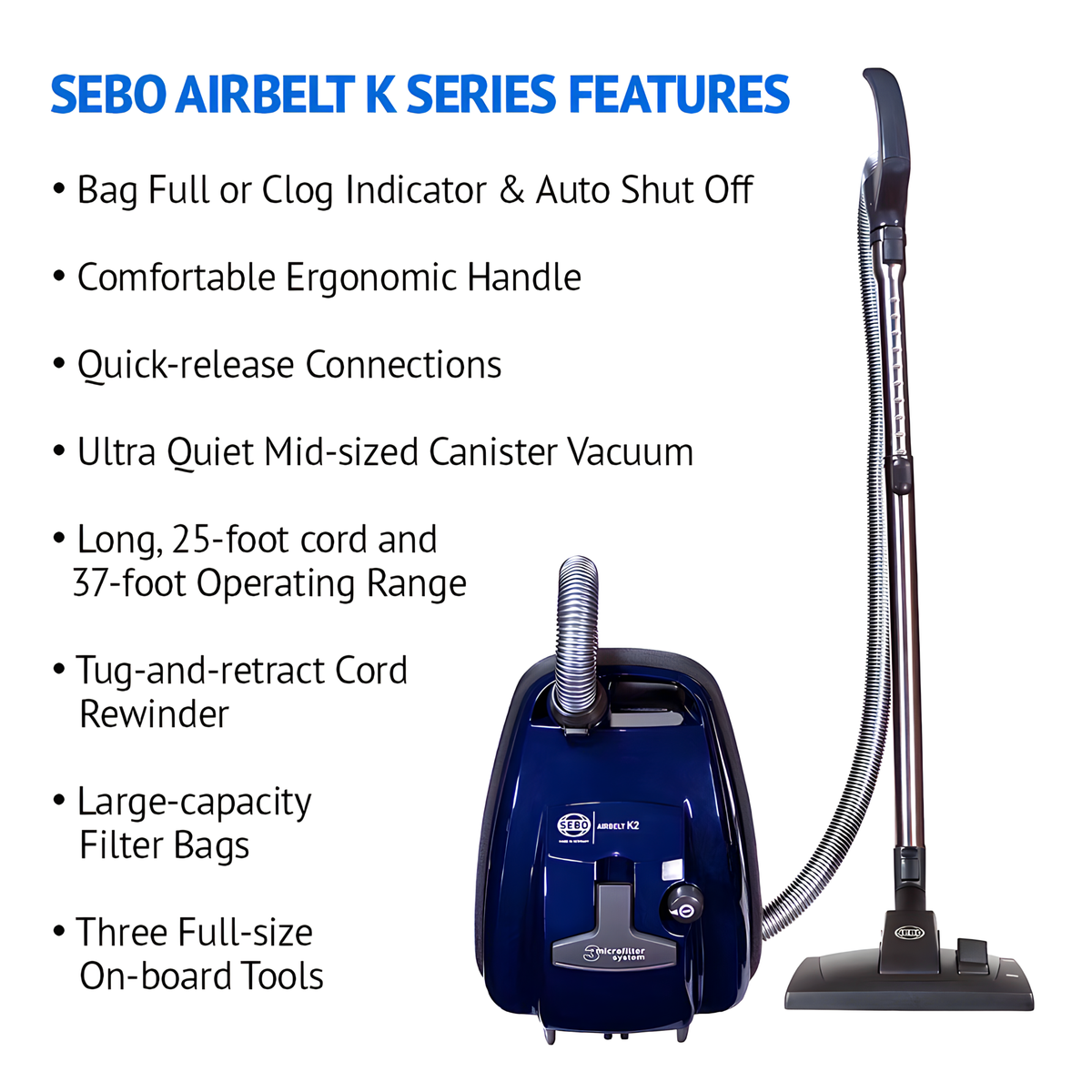 SEBO Airbelt K Series features list next to a blue K series canister vacuum.