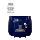 Top-down view of the dark blue SEBO Airbelt K2 Kombi canister body, showing the on/off button and suction control.
