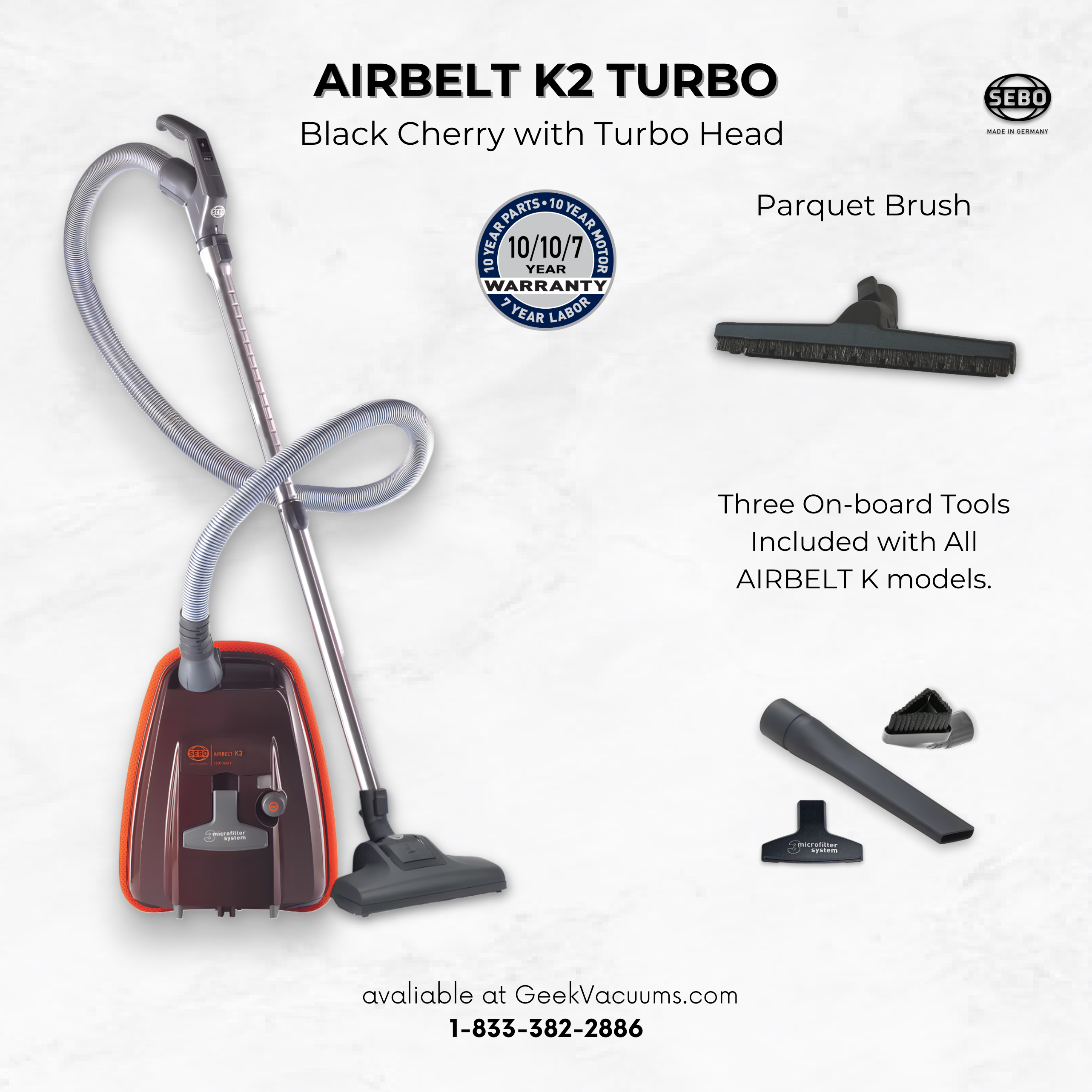 SEBO Airbelt K2 Turbo canister vacuum in black cherry with the included turbo head and parquet brush attachments.